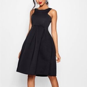 BOOHOO black classic scuba neck flare dress (Sz 4)